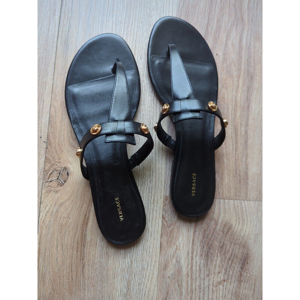 Versace Medusa Studs Flat Thong Sandals Black Leather Womens 10 EU 40 DST669CS - Picture 3 of 14